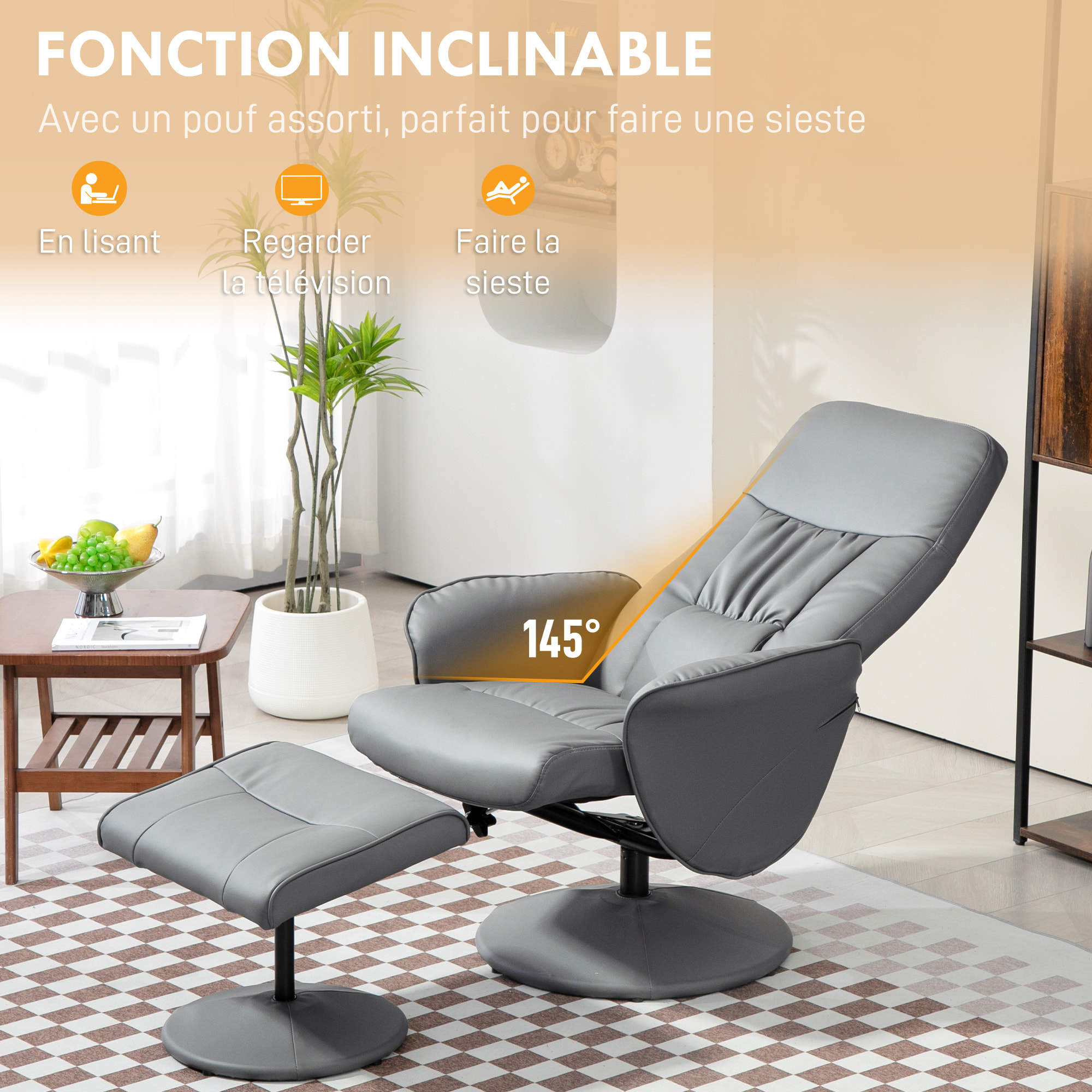Fauteuil relax inclinable pivotant style contemporain avec repose-pied revêtement synthétique gris