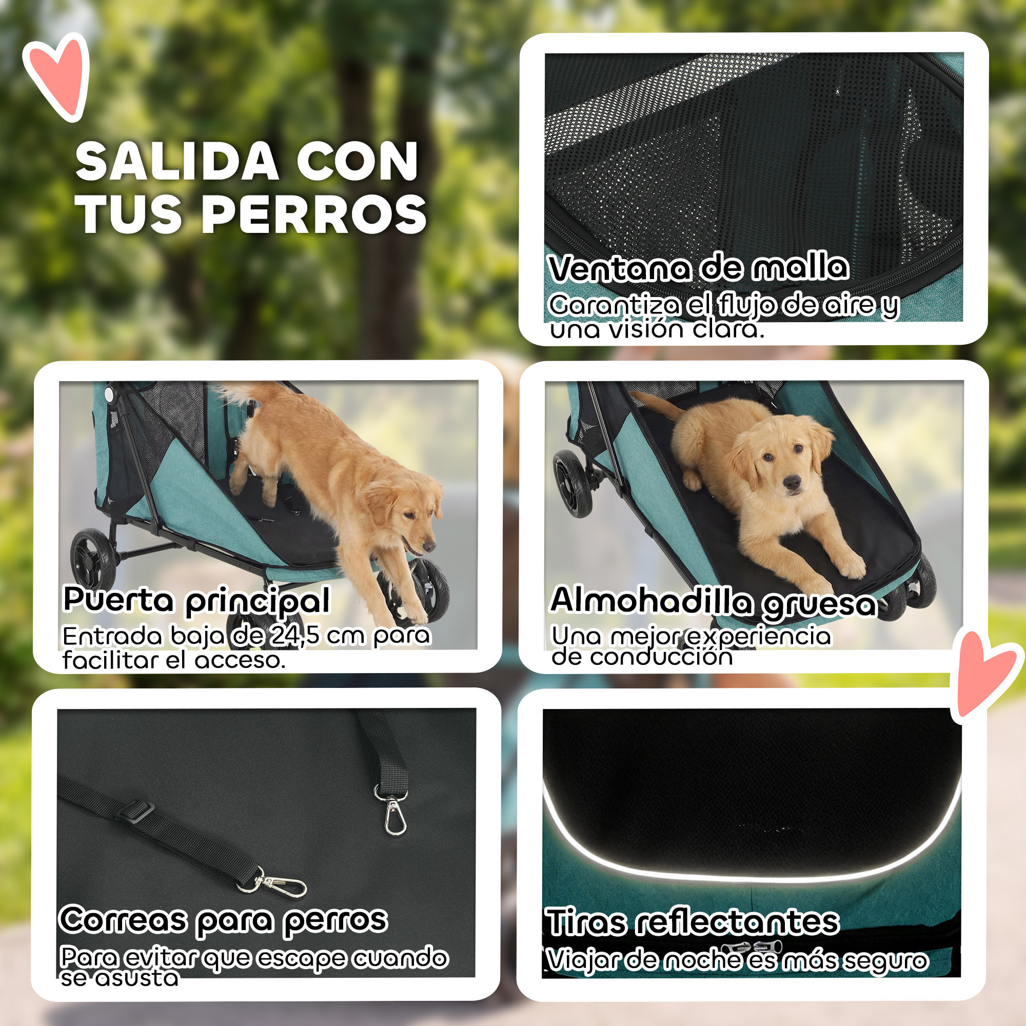 Carrito para Perros y Gatos Grande Plegable con un Botón hasta 30 kg, Cochecito para Perros Medianos y Grandes, Suspensión 4 Ruedas, Giratorio, Freno de Pie, Cojín Lavable, Turquesa