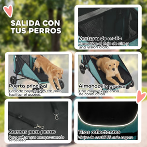 Carrito para Perros y Gatos Grande Plegable con un Botón hasta 30 kg, Cochecito para Perros Medianos y Grandes, Suspensión 4 Ruedas, Giratorio, Freno de Pie, Cojín Lavable, Turquesa