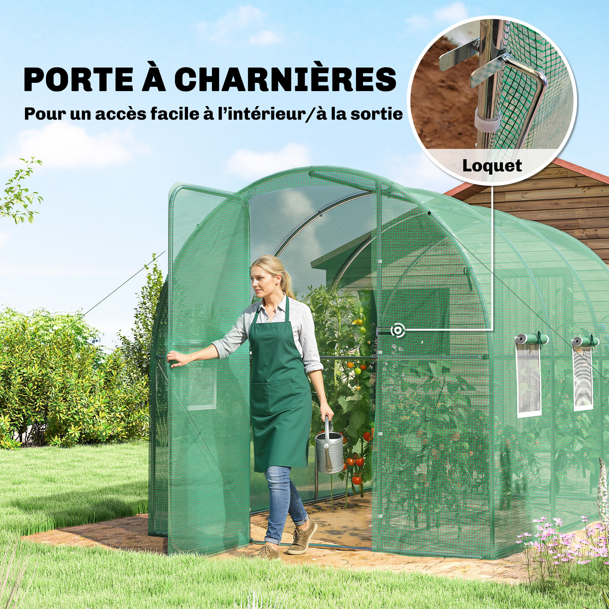 Serre tunnel de jardin 6m² porte et 8 fenêtres bâche PE 140 g/m² vert