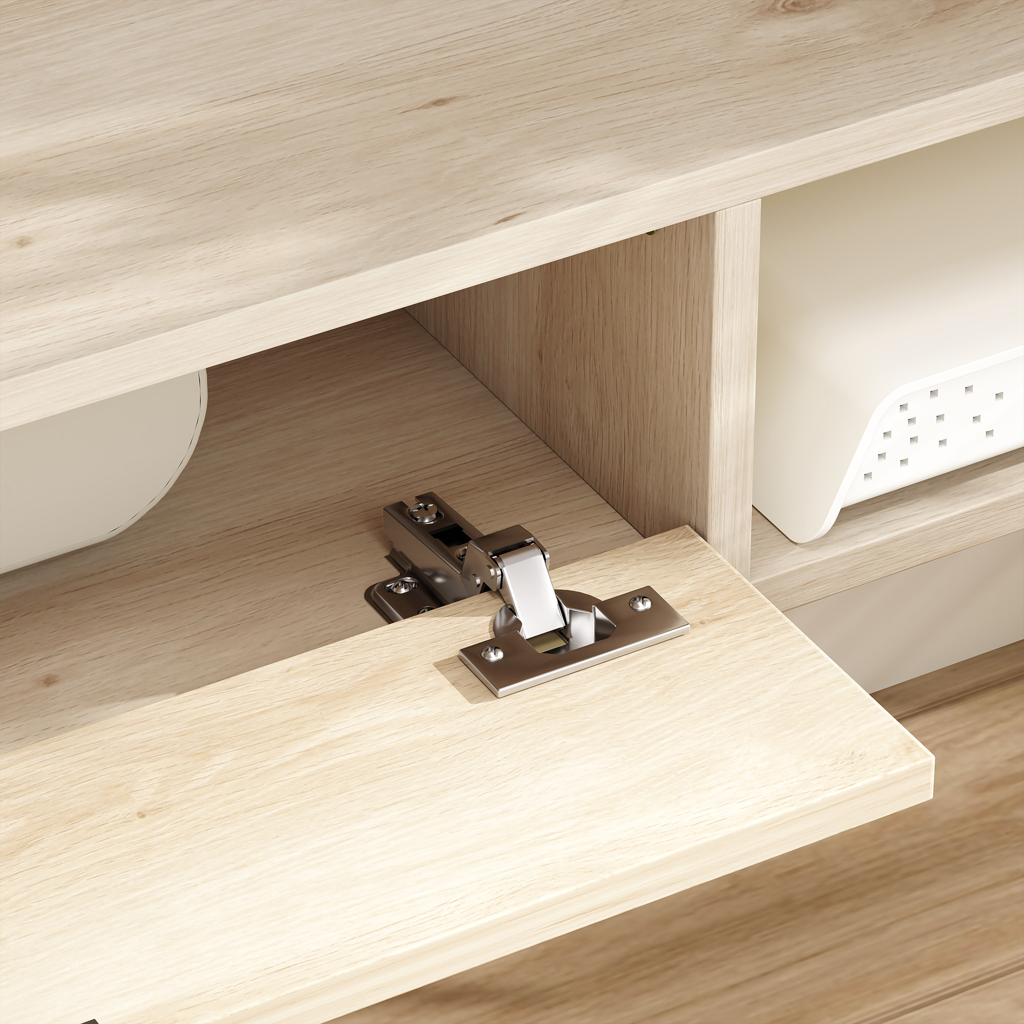 Mueble de TV Suspendido, Mueble de TV para Salón con Cajón Abatible, 2 Estantes Abiertos, Gestión de Cables, Estilo Moderno, para Televisión 60 Pulgadas, 140x24x16 cm, Madera Natural