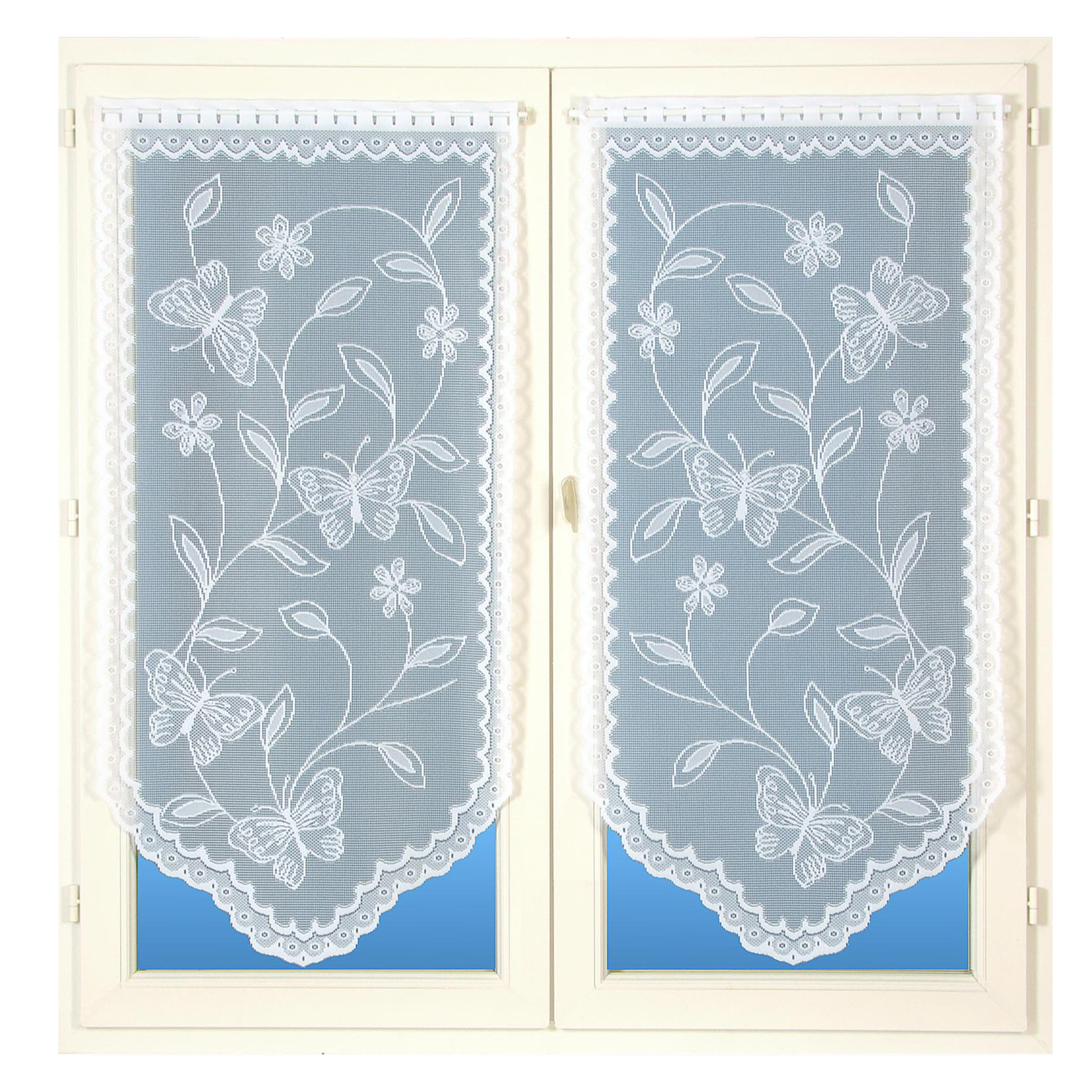 Paire de vitrages base découpée dentelle papillons - Blanc