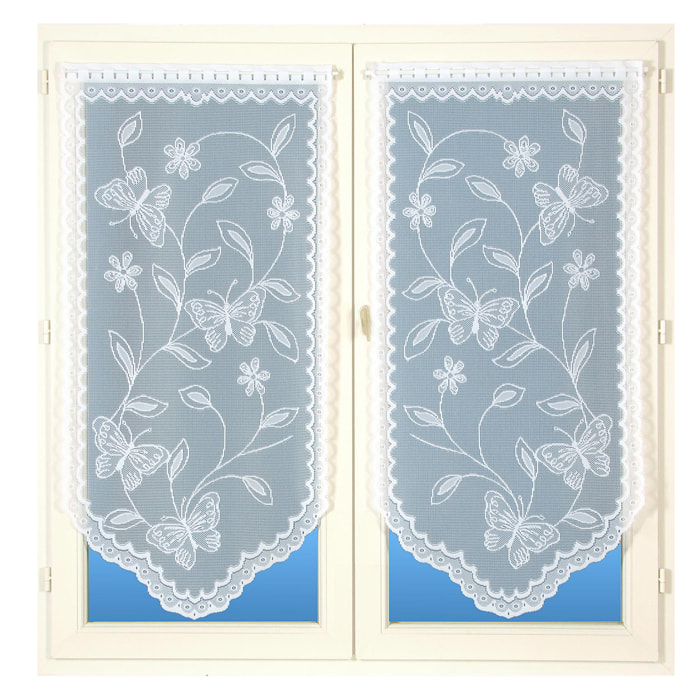 Paire de vitrages base découpée dentelle papillons - Blanc