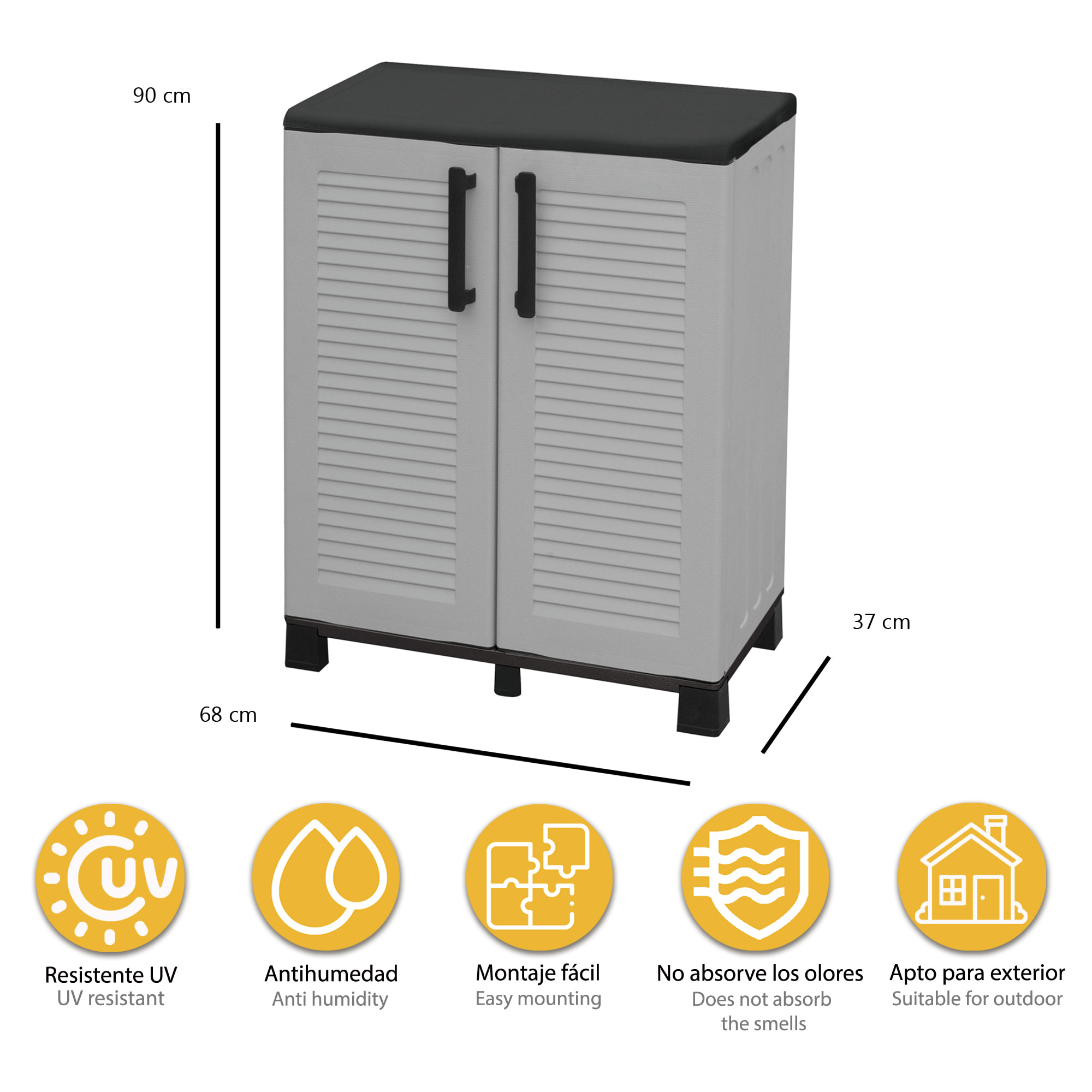 Armario de media altura en polipropileno, con bisagras de acero, balda y patas regulables