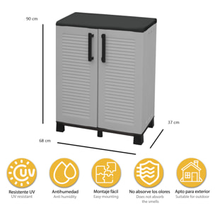 Armario de media altura en polipropileno, con bisagras de acero, balda y patas regulables