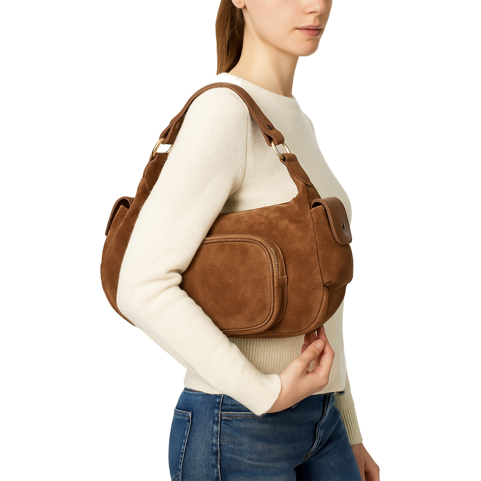 Borsa a spalla da donna Made in Italy - Modello Ardena - Pelle scamosciata - 30.0 x 17.0 x 12.0 cm