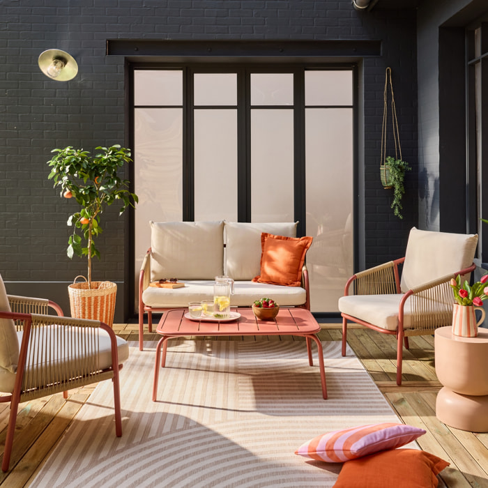 Salon de jardin FIORA en acier. 4 personnes. terracotta et beige