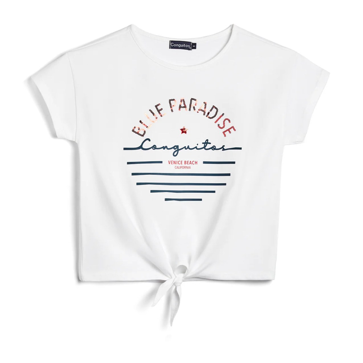Camiseta Corta de Niña Con Nudo en Blanco