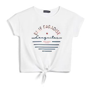 Camiseta Corta de Niña Con Nudo en Blanco