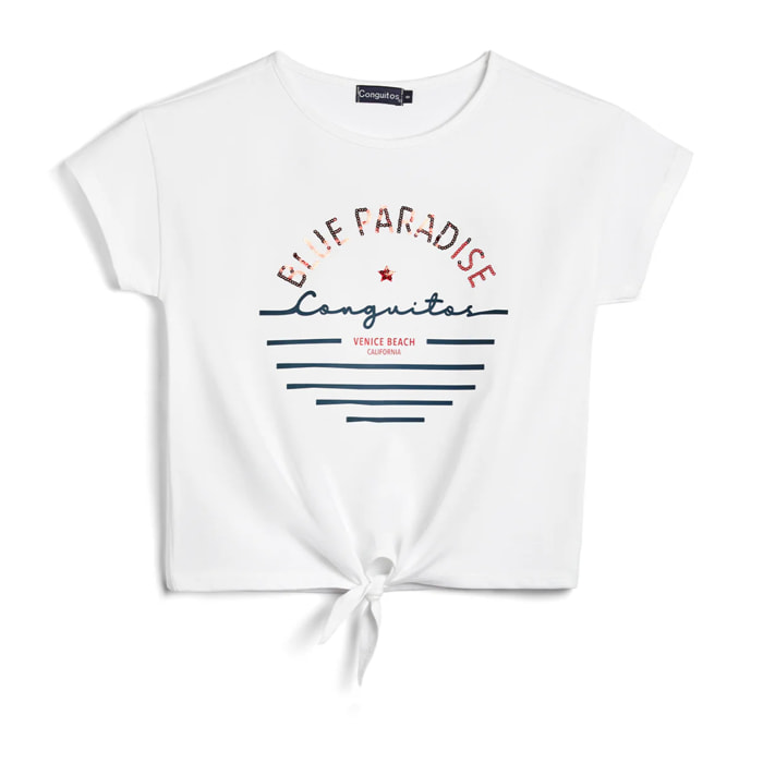 Camiseta Corta de Niña Con Nudo en Blanco