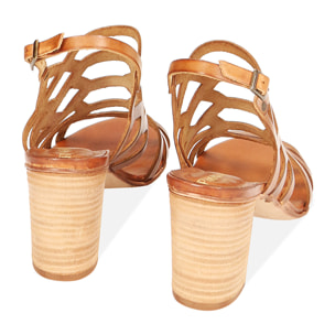 Sandali cognac in vacchetta, tacco 8 cm