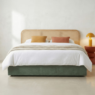 Lit coffre adulte 140x190 cm en velours côtelé avec tête de lit en bois et cannage - ELSA