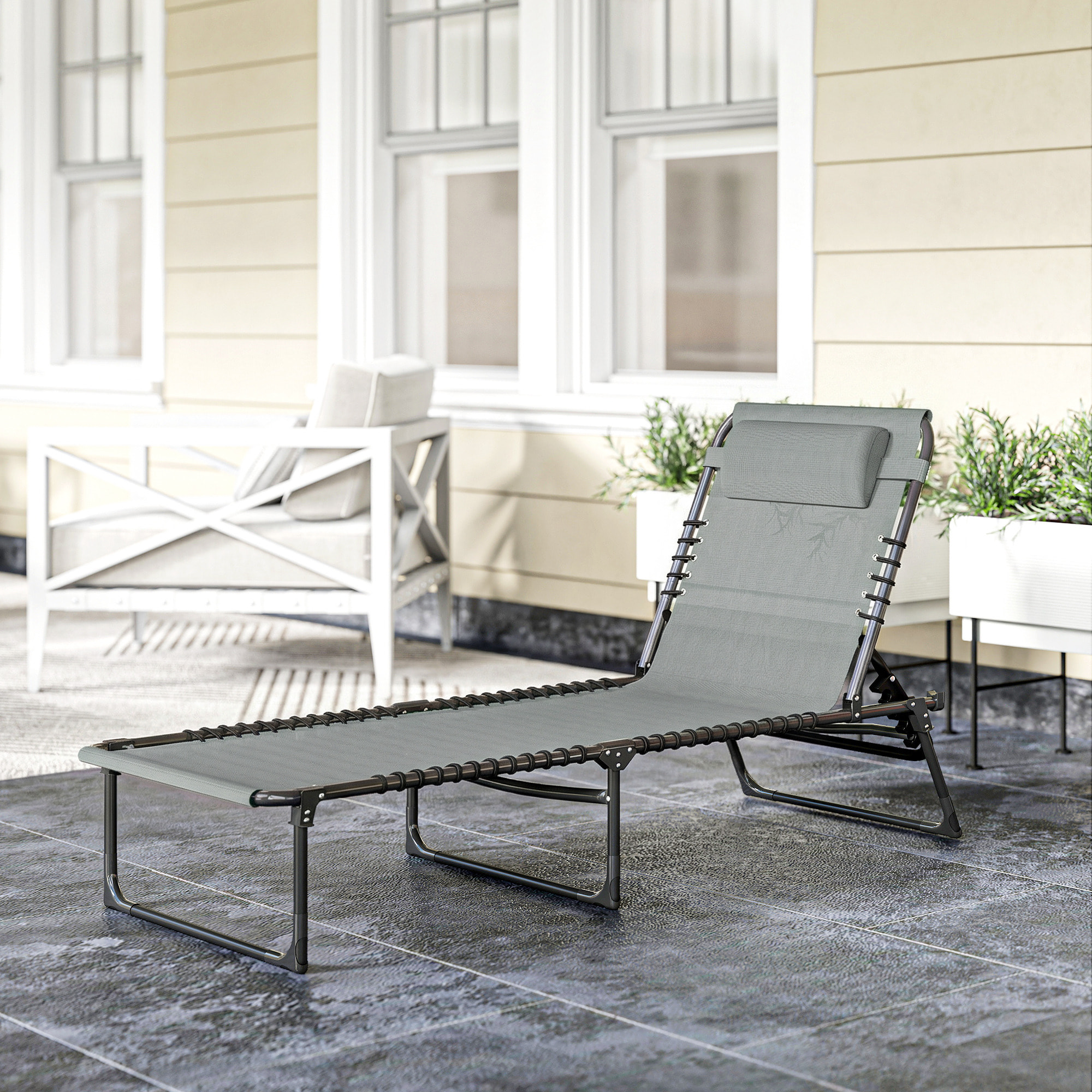 Bain de soleil transat pliable dossier inclinable multi-positions acier thermoplastique lacets élastiques noir textilène gris clair