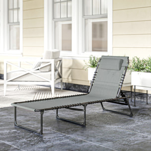 Bain de soleil transat pliable dossier inclinable multi-positions acier thermoplastique lacets élastiques noir textilène gris clair