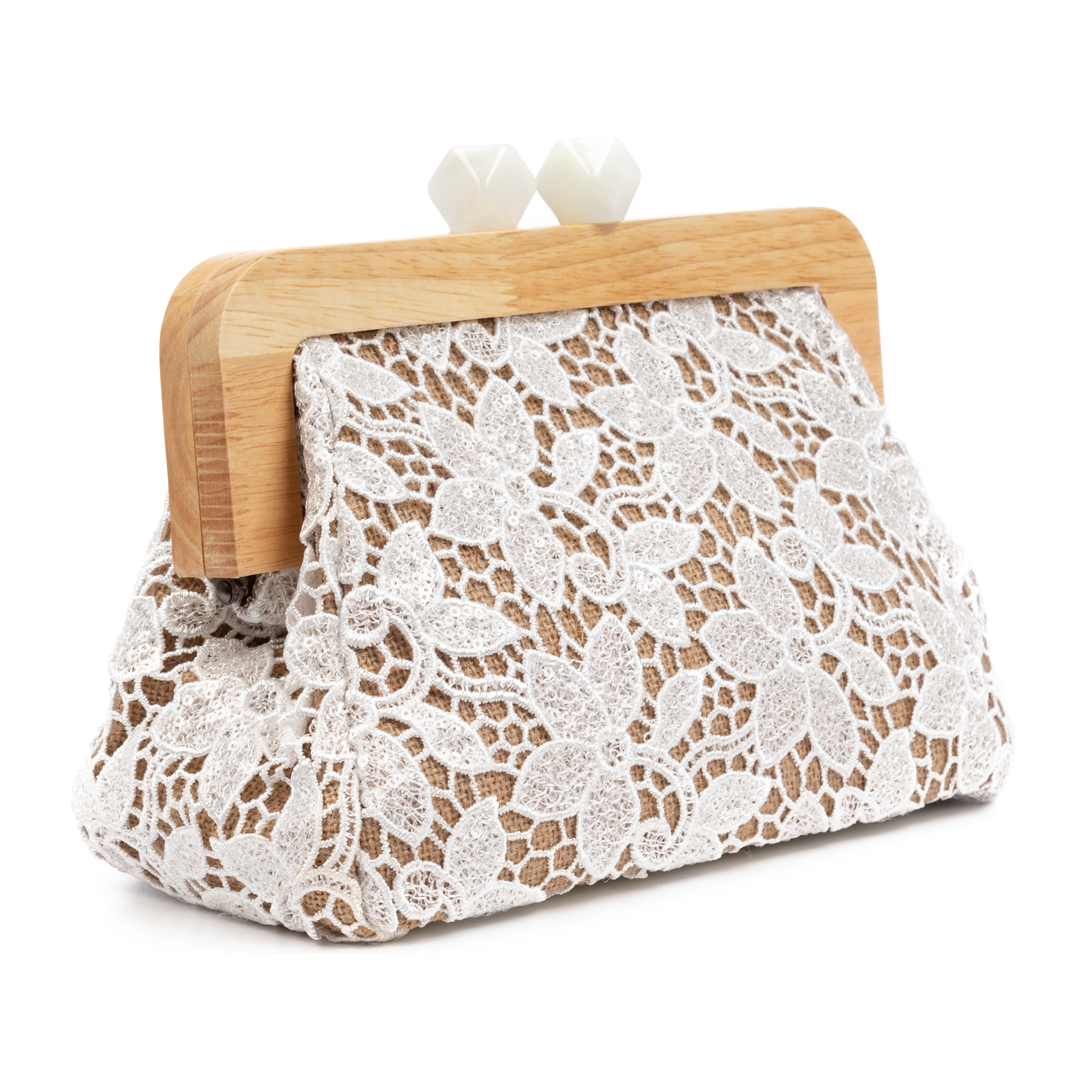 Borbera Borsa a tracolla Donna. Realizzato in legno naturale, cotone e juta con design in rete di tessuto floreale.