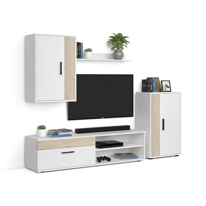 Mueble de salón modular Lunet en blanco artik roble canadian 190 cm Blanco Artik (Blanco Mate) - Roble Canadian