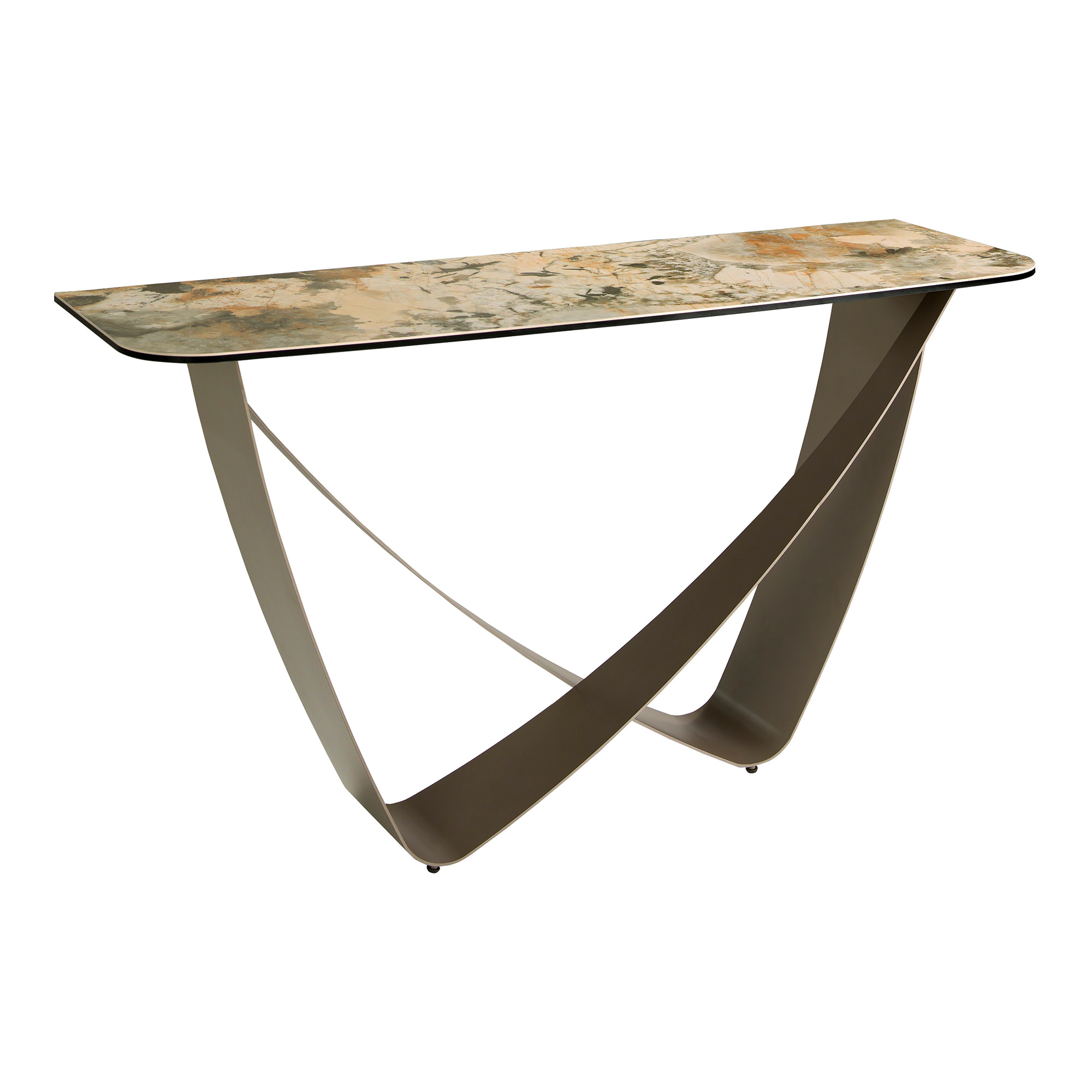 Consola Angel Cerdá rectangular con tapa de mármol porcelánico en tonalidades tierra y grises en acabado mate y unas originales patas de acero inoxidable 150x50x80cm