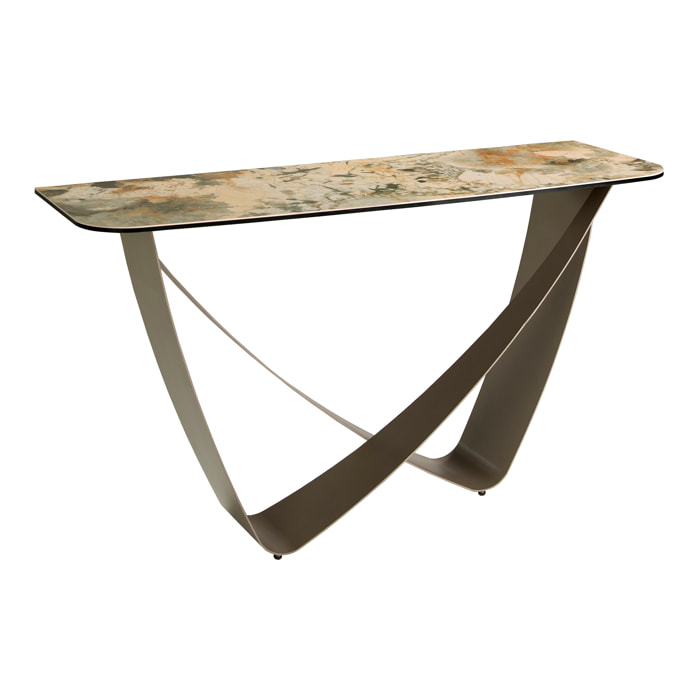 Consola Angel Cerdá rectangular con tapa de mármol porcelánico en tonalidades tierra y grises en acabado mate y unas originales patas de acero inoxidable 150x50x80cm