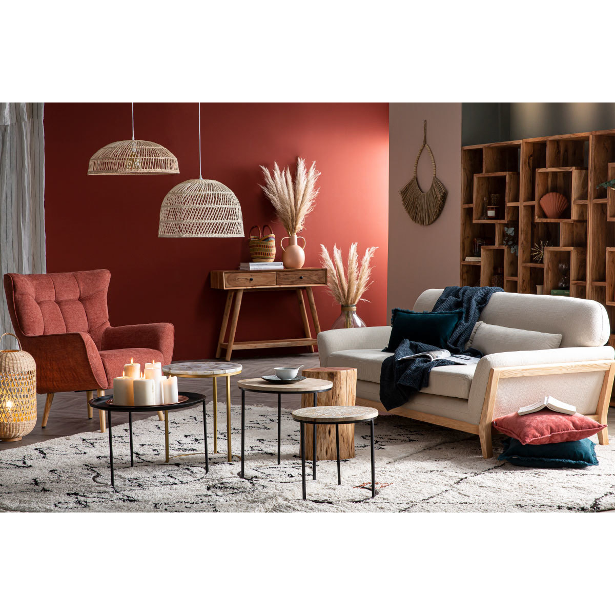 Canapé scandinave 3 places en tissu effet velours jaune moutarde et bois clair YOKO