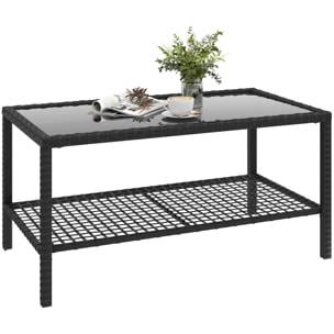 Mesa de Jardín de Ratán, Mesita Auxiliar con Estante, Tablero de Vidrio Templado, Estructura de Acero, para Terraza, Patio, Balcón, 92x50x45 cm, Negro