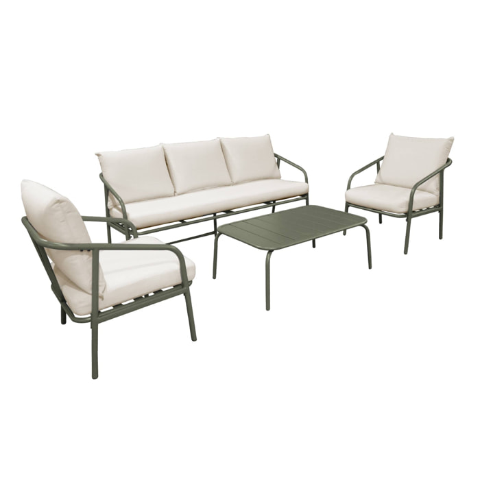 Salon de jardin en acier. structure kaki. coussins beige. 5 places