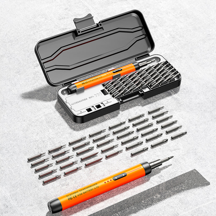 Destornillador eléctrico 46 en 1 con giro bidireccional, batería de 500mAh, 150rpm y 0,3Nm de torsión eléctrica.