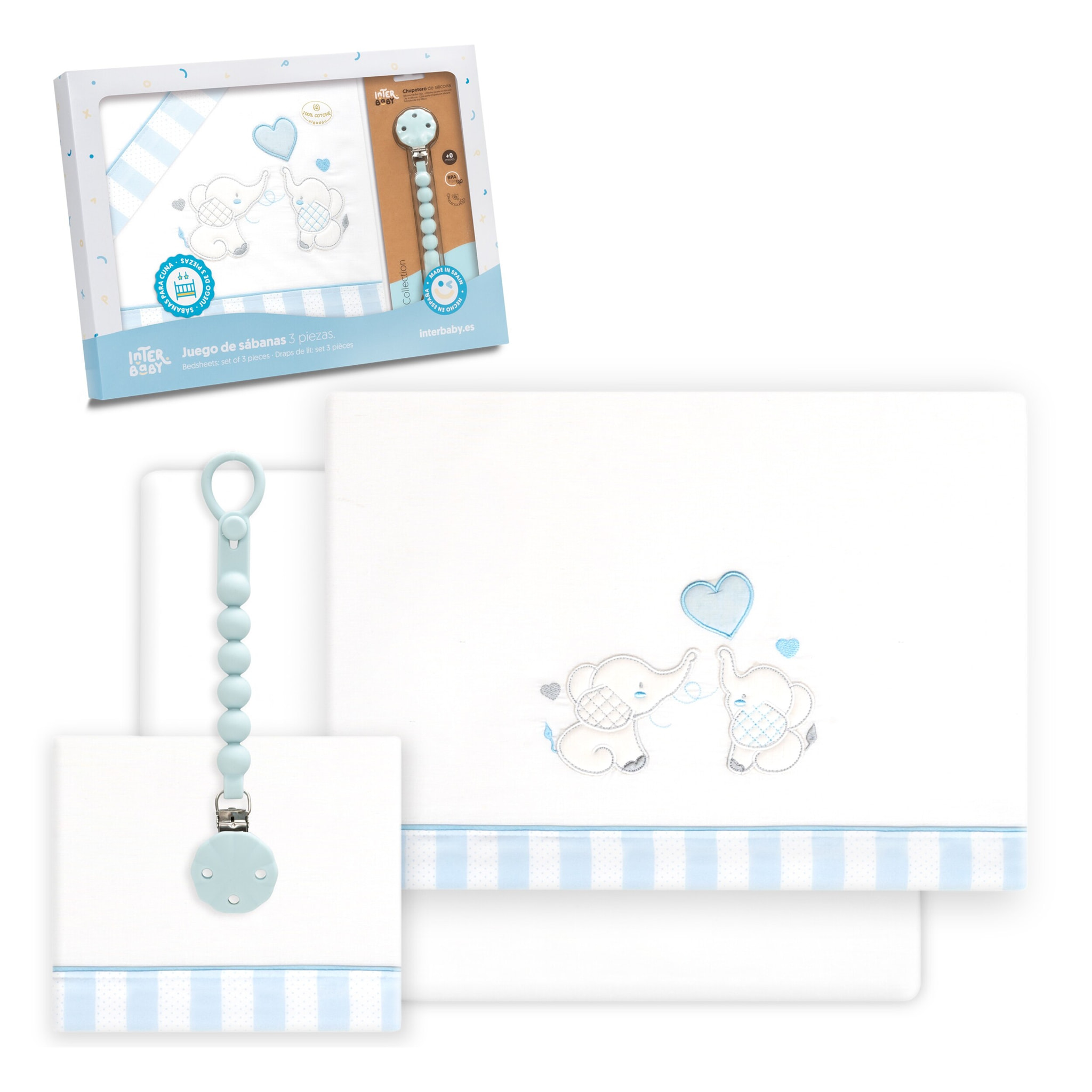 Triptico Cuna Parejita Elefante + Broche Bco/Azul