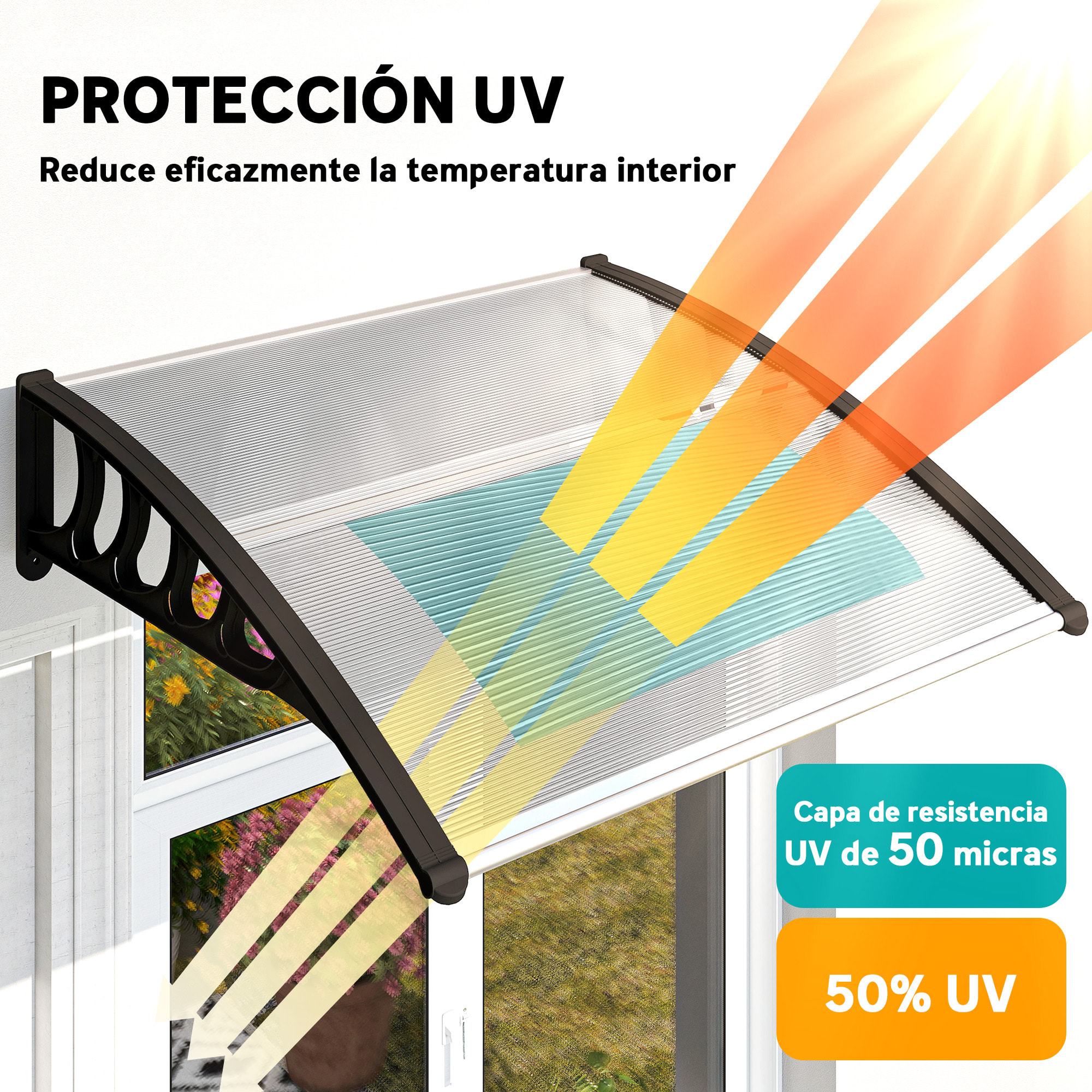 Marquesinas Exterior para Puertas y Ventanas, 103x96,5 cm, Tejadillo de Protección contra Sol y Lluvia, con Cubierta de Policarbonato, Barras de Aleación de Aluminio, Transparente