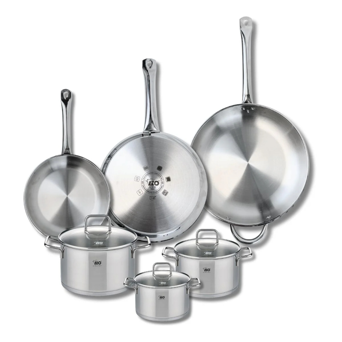 Ensemble de 3 Poêles de cuisson 24, 28 et 32 cm et 3 faitouts 14, 16 et 20 cm Elo Profi Citrin