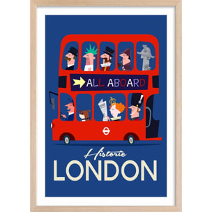 Poster retro bus london Affiche + cadre en bois - Chêne
