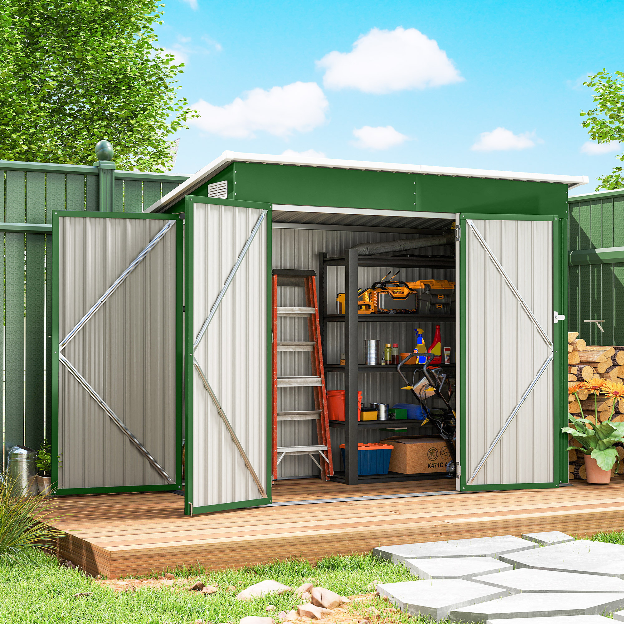 Caseta de Jardín Exterior 2,7 m², 234x132x185 cm, Cobertizo de Jardín Exterior Metálico con Triple Puerta, Cerradura, Techo Inclinado y Ventilación para Almacenamiento de Herramientas, Verde