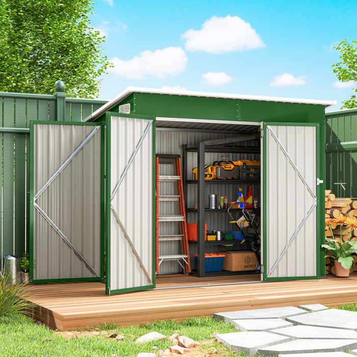 Caseta de Jardín Exterior 2,7 m², 234x132x185 cm, Cobertizo de Jardín Exterior Metálico con Triple Puerta, Cerradura, Techo Inclinado y Ventilación para Almacenamiento de Herramientas, Verde