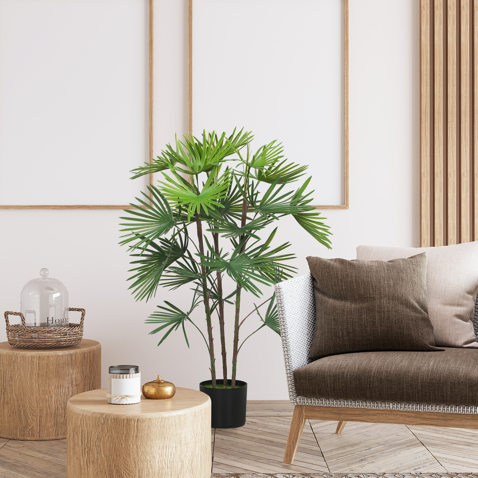 Palmier artificiel - plante artificielle H.90cm - 3 pieds 24 feuilles grand réalisme - pot inclus