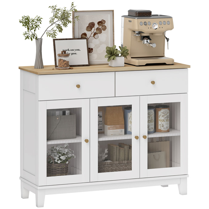 Aparador 3 Puertas de Vidrio Aparador para Salón Moderno con 2 Cajones y Estantes Ajustables para Comedor Entrada Blanco 100x35x80,3 cm