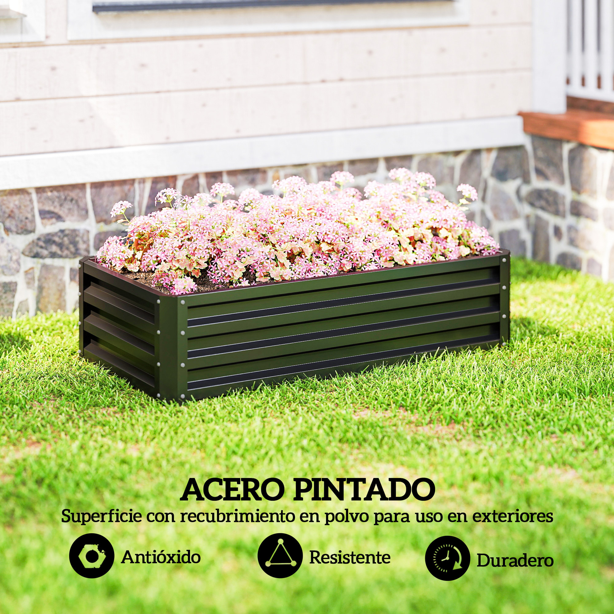Jardinera Exterior Grande de Acero Galvanizado, Huerto Urbano Elevado para Cultivar Plantas, Flores, Hierba, Macetero Exterior Rectangular con Fondo Abierto, 120x60x30,5 cm, Gris