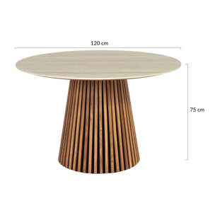 Freya - table à manger ronde effet bois - plateau effet travertin - 6 personnes - Bois / Beige