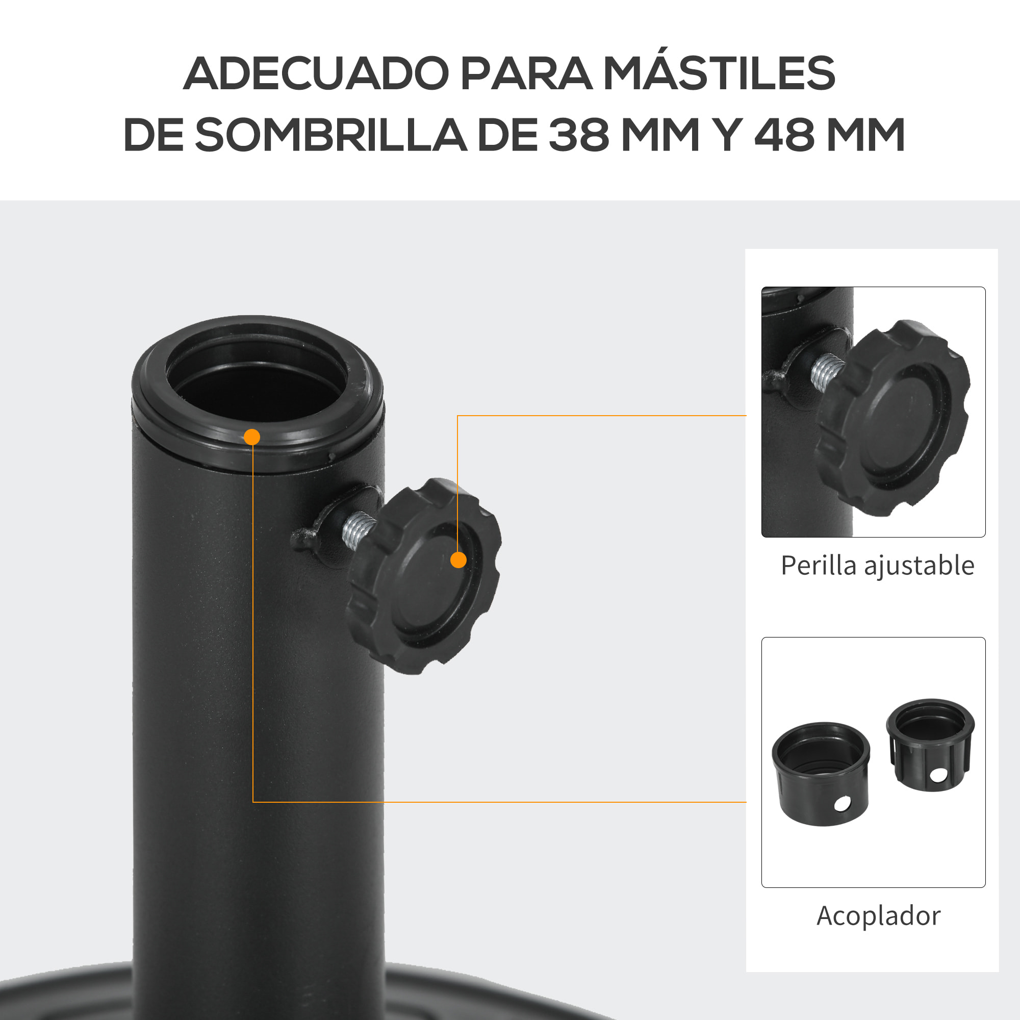 Base de Sombrilla Redondo Soporte para Parasol de HDPE Rellenable de Cemento Peso 13 kg para Poste de Parasol de Ø38/48 mm Ø43x32 cm Negro