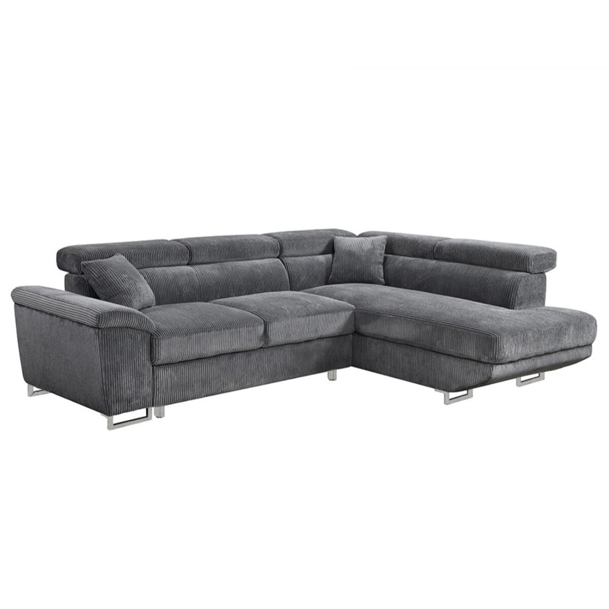 Baoji - Canapé d'angle droit 5 places convertible avec têtières et coffre en velours côtelé - Gris