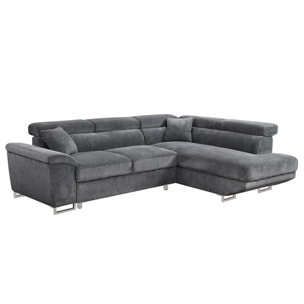 Baoji - Canapé d'angle droit 5 places convertible avec têtières et coffre en velours côtelé - Gris