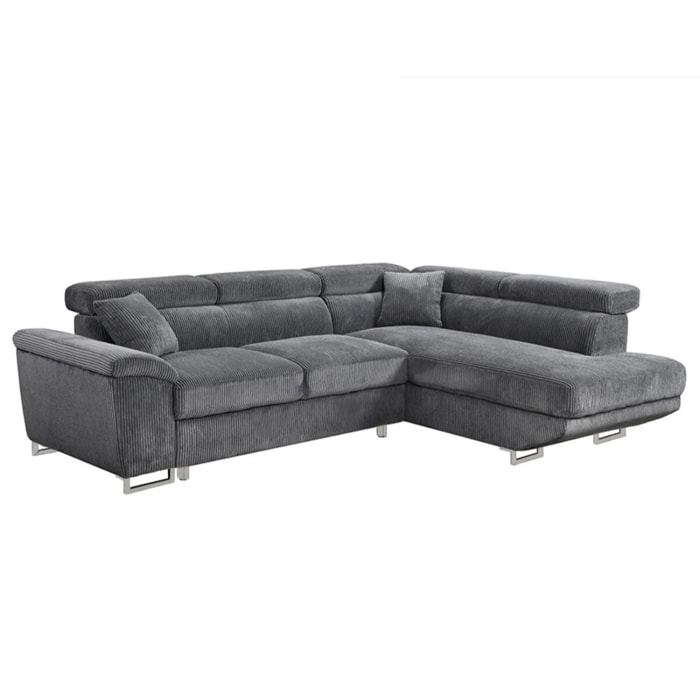 Baoji - Canapé d'angle droit 5 places convertible avec têtières et coffre en velours côtelé - Gris