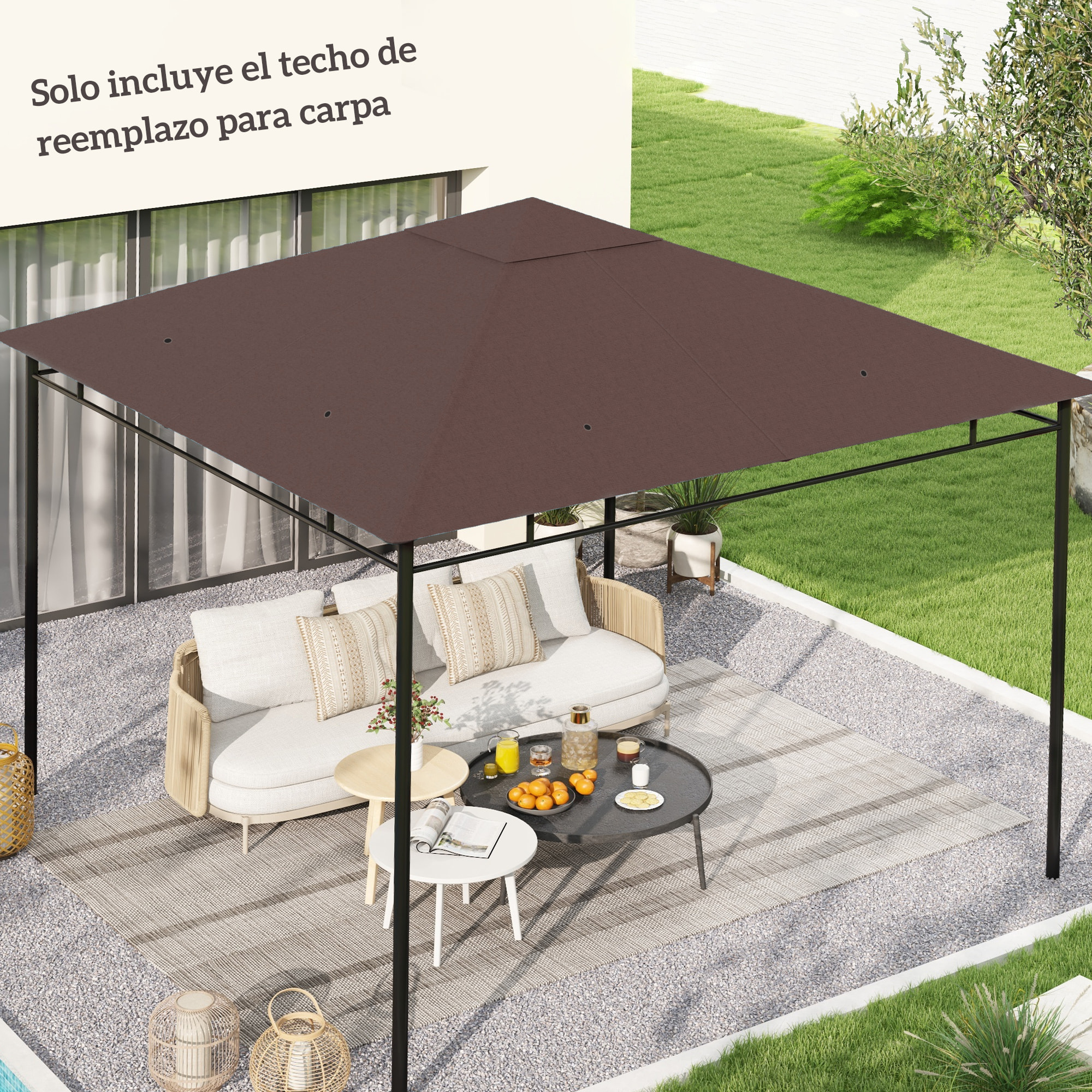 Outsunny Techo de Repuesto para Cenador, 3x3 m, Cubierta de Repuesto con 8 Orificios de Drenaje, Ventilación y Protección UV, SOLO Toldo de Recambio para Pabellón Gazebo, Café