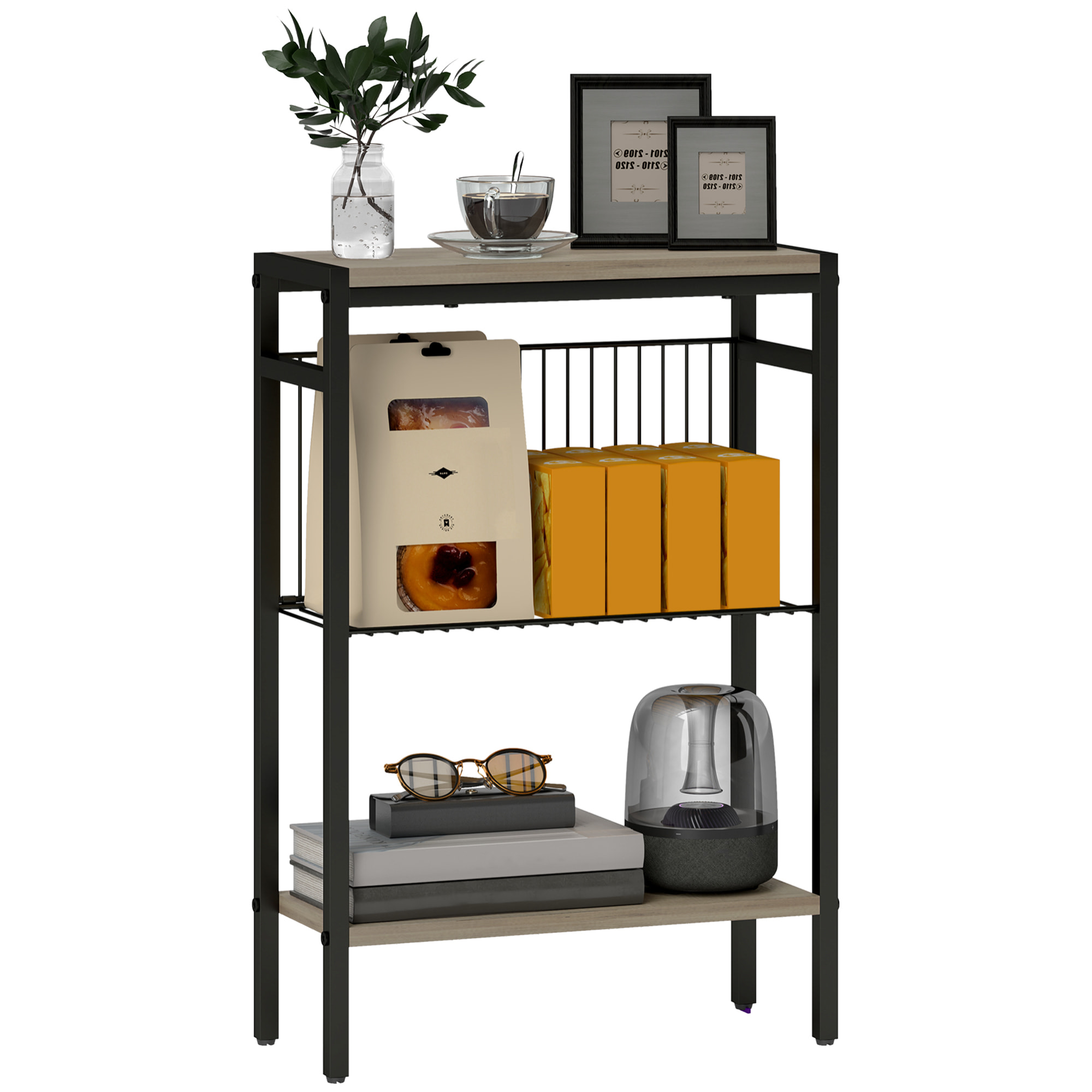 Mesa Auxiliar Estrecha de 3 Niveles Mesita Auxiliar Industrial con Estantes Abiertos y Estructura de Acero para Salón Dormitorio 43x18x62,5 cm Gris