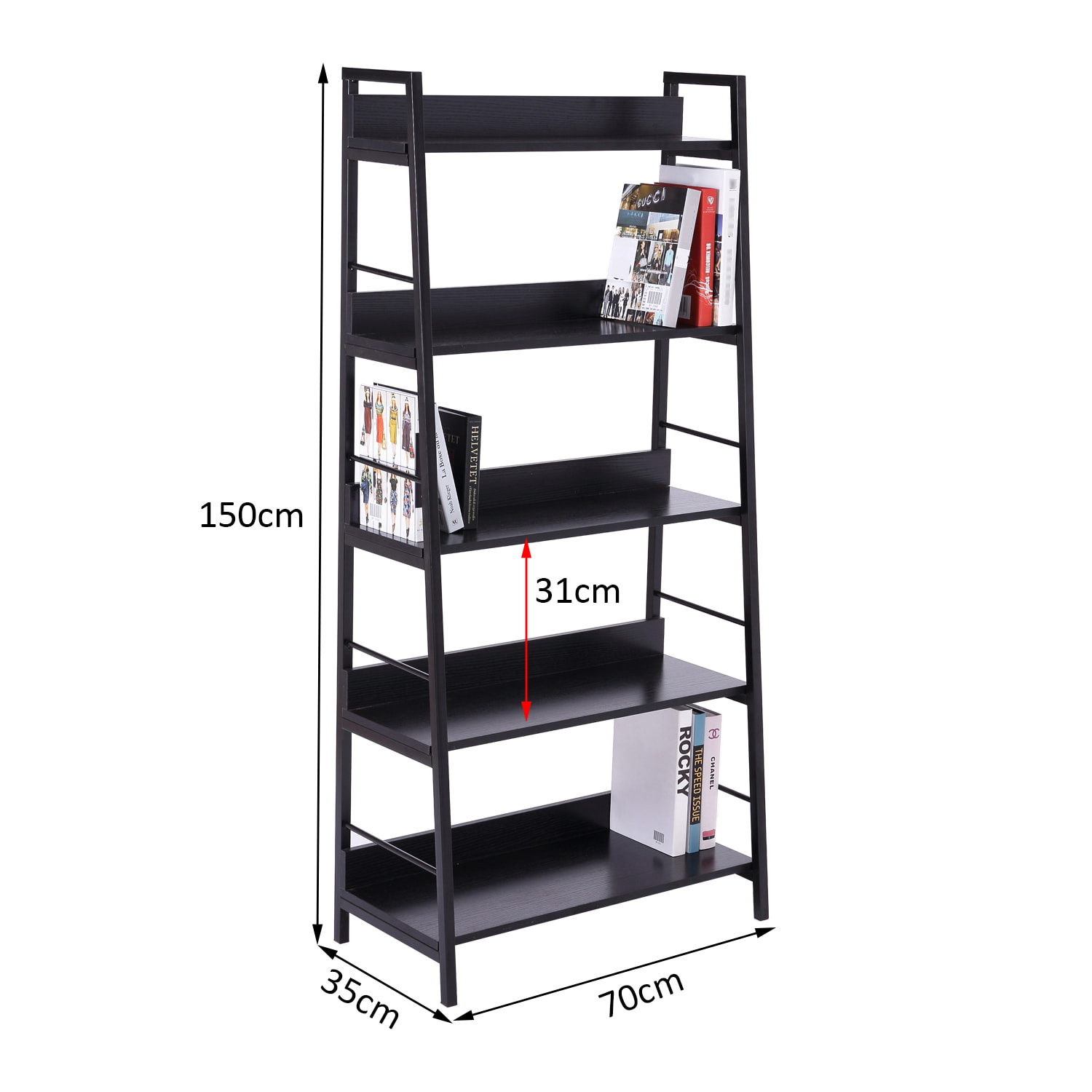 Étagère bibliothèque de rangement style industriel incliné 5 niveaux 70L x 35l x 150H cm noir