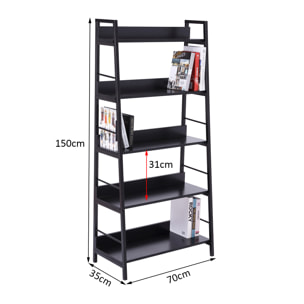 Étagère bibliothèque de rangement style industriel incliné 5 niveaux 70L x 35l x 150H cm noir