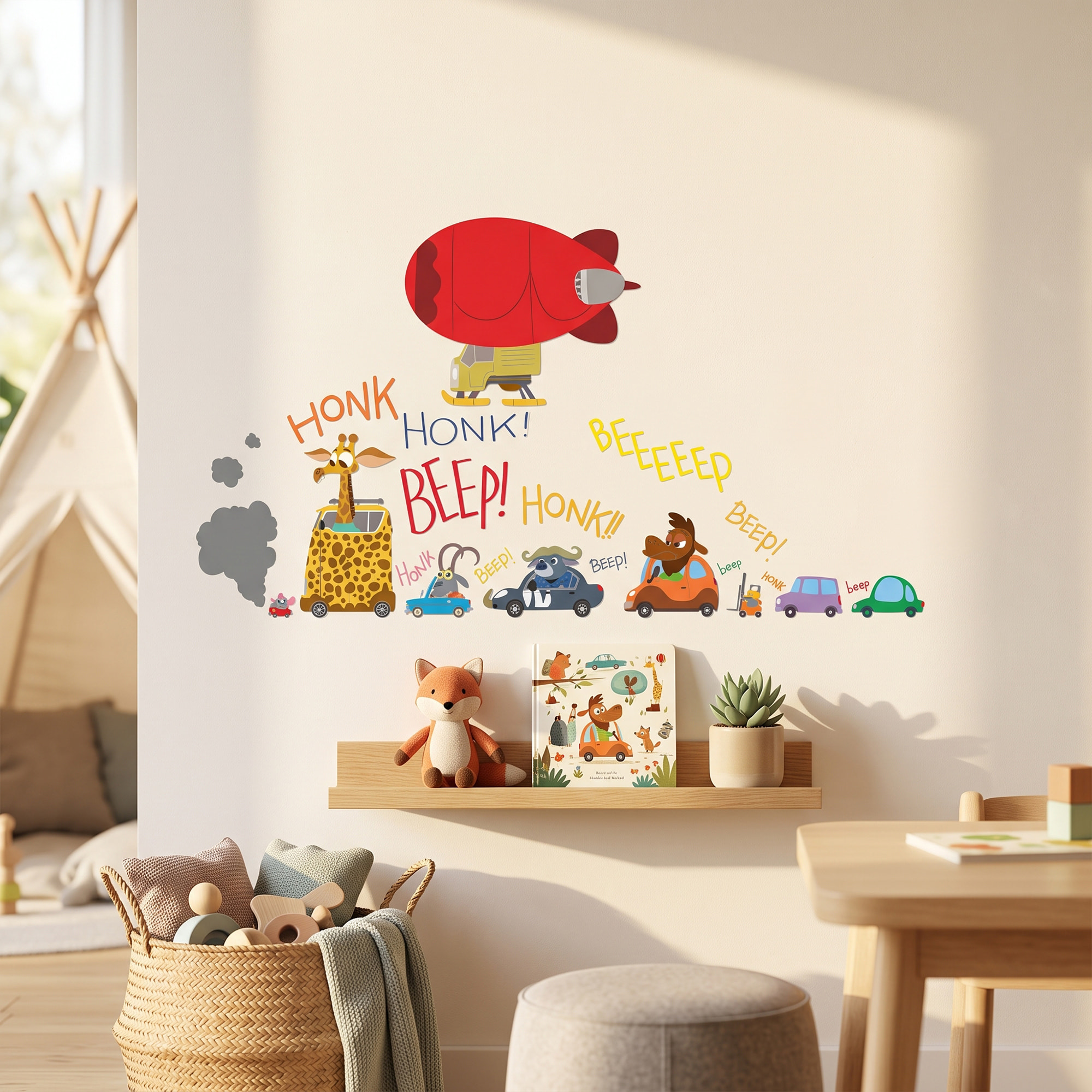 Stickers Muraux décoration adhésifs embouteillage et dirigeable avec animaux rigolos