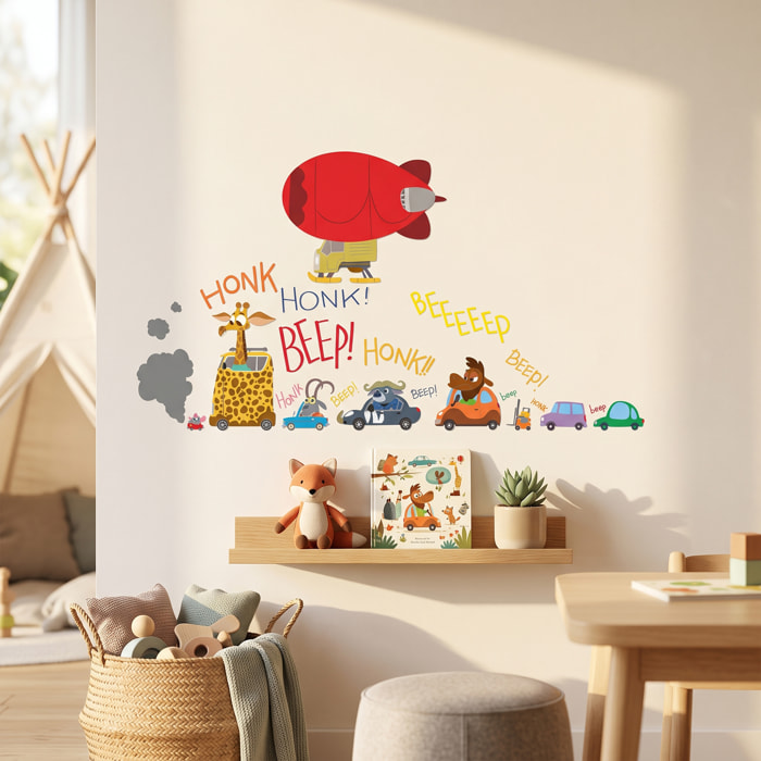 Stickers Muraux décoration adhésifs embouteillage et dirigeable avec animaux rigolos