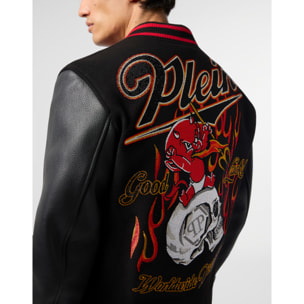 PHILIPP PLEIN Varsity Bomber with Leather Sleeves Devil Skull