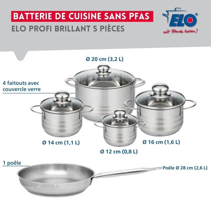 Ensemble de 1 Poêle de cuisson 28 cm et 4 faitouts 12, 14, 16 et 20 cm Elo Profi Brillant