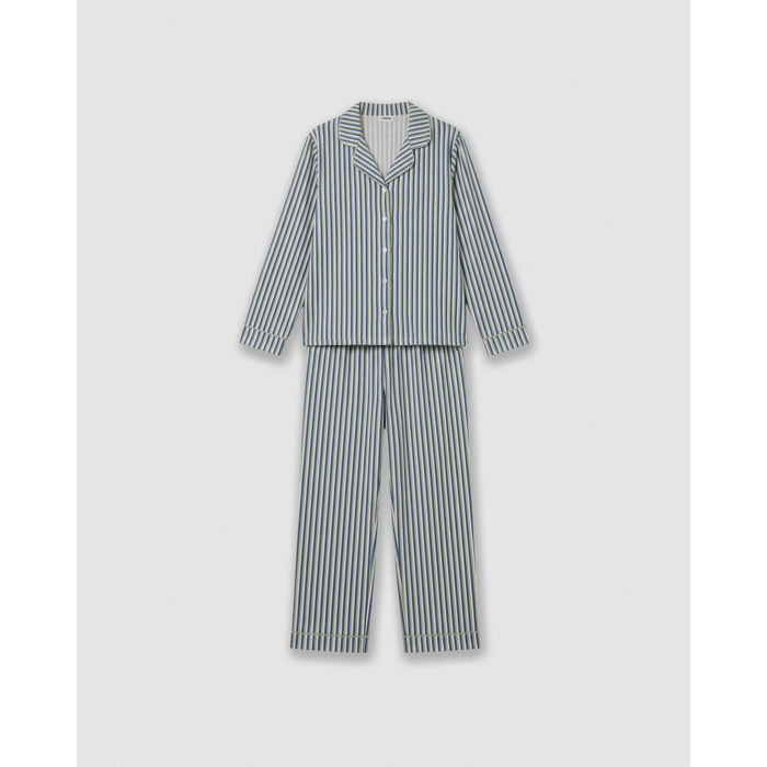 Pigiama lungo a camicia in cotone a righe mare verde blu