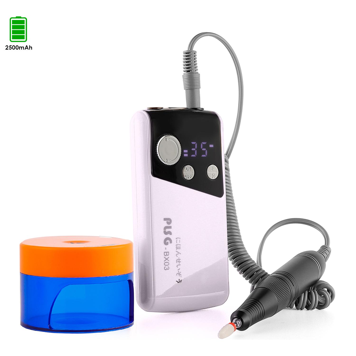 Lucidatore per unghie con batteria ricaricabile da 2000 mAh, fino a 35.000 giri/min. Velocità regolabile. Include 1 testa lucidante e lampada di asciugatura UV.